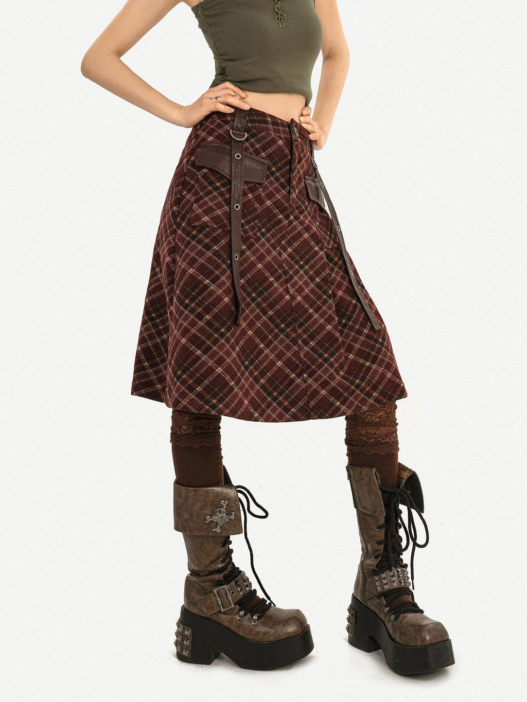 Nico Molly Casual Distressed Plaid A Line Button Pocket Midwaist Tweed Women Midi Skirts
