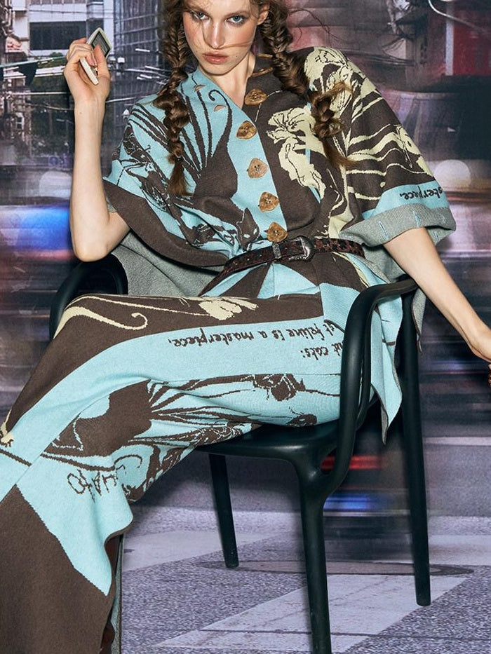 OfAkiva Colorblock Floral Chinese Slim Fit Women Two Piece Elegant Top & Skirt Sets