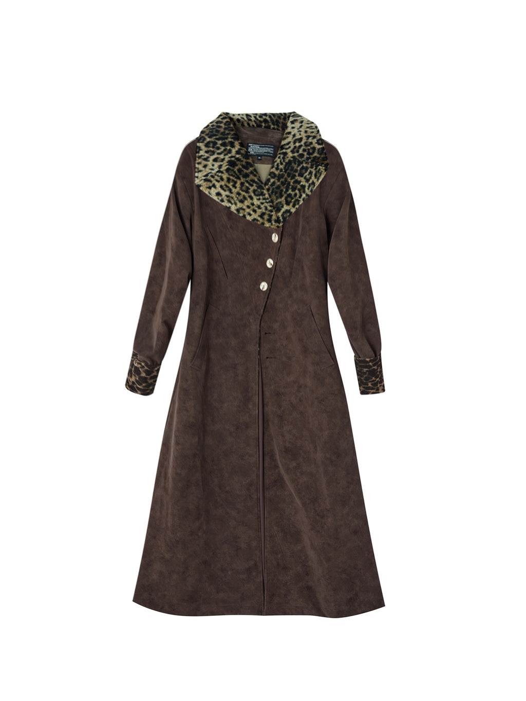 OfAkiva Faux Leather Windproof Vintage Straight Stand Collar Leopard Women Long Coats