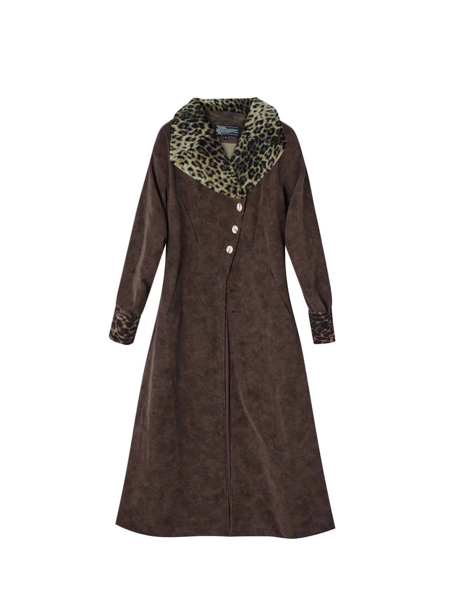 OfAkiva Faux Leather Windproof Vintage Straight Stand Collar Leopard Women Long Coats
