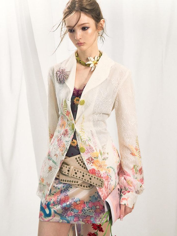 OfAkiva Rhinestone Floral Print Cinched Waist Single Button White Long Sleeve Blazers