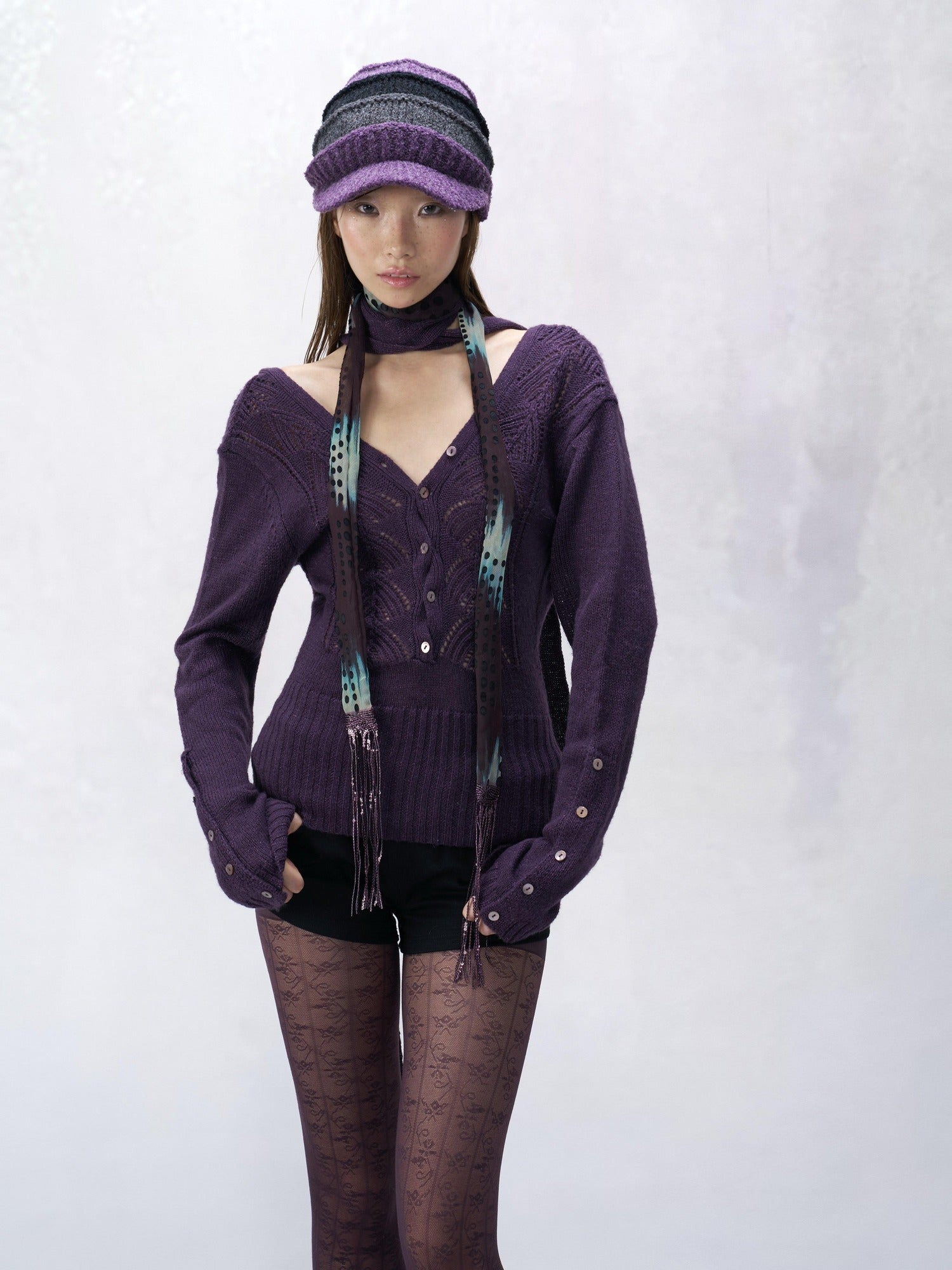 Flowers birds Market Backless V-neck Slim Fit Striped Women Cotton Knit Longsleeve Cardigans