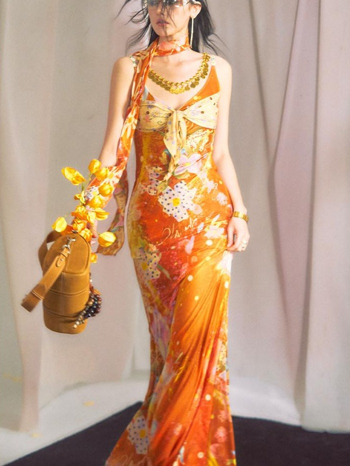 OfAkiva Floral Resort High Waist Sleeveless V-neck Tie Waist Slim Fit Women Maxi Dresses