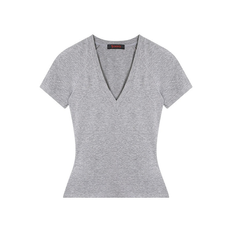ZERO_V-neck_Viscose_Slim_Fit_Street_Athleisure_For_Women_Short_Sleeve_T-Shirts_MISSTT