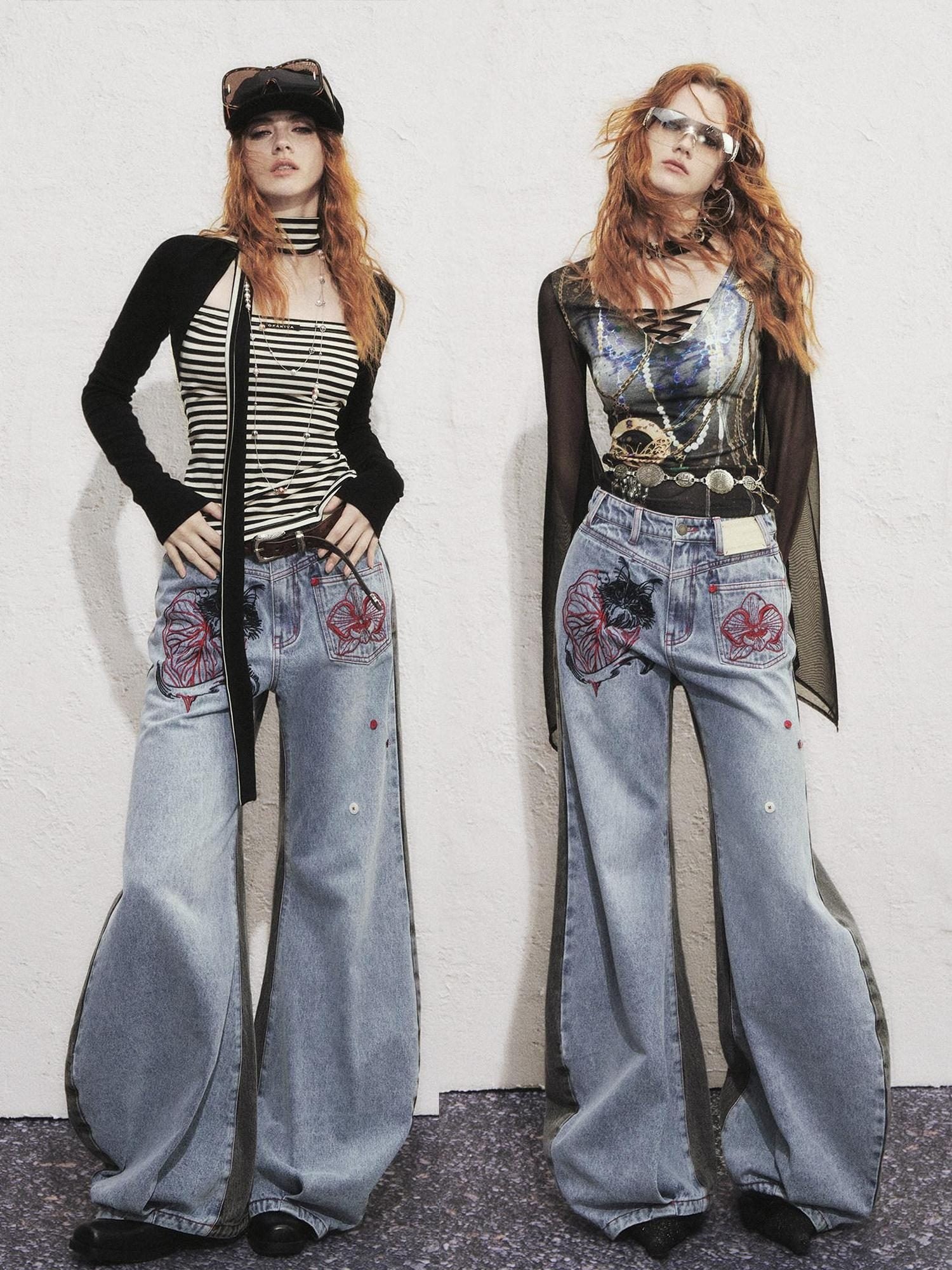 OfAkiva High Waist Vintage Embroidered Asymmetric Floral Cotton Women Wide Leg Jeans