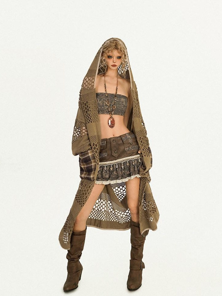 Nico Molly Patchwork Cropped Slim Fit Original Design Youth Solid Brown Tube Tops