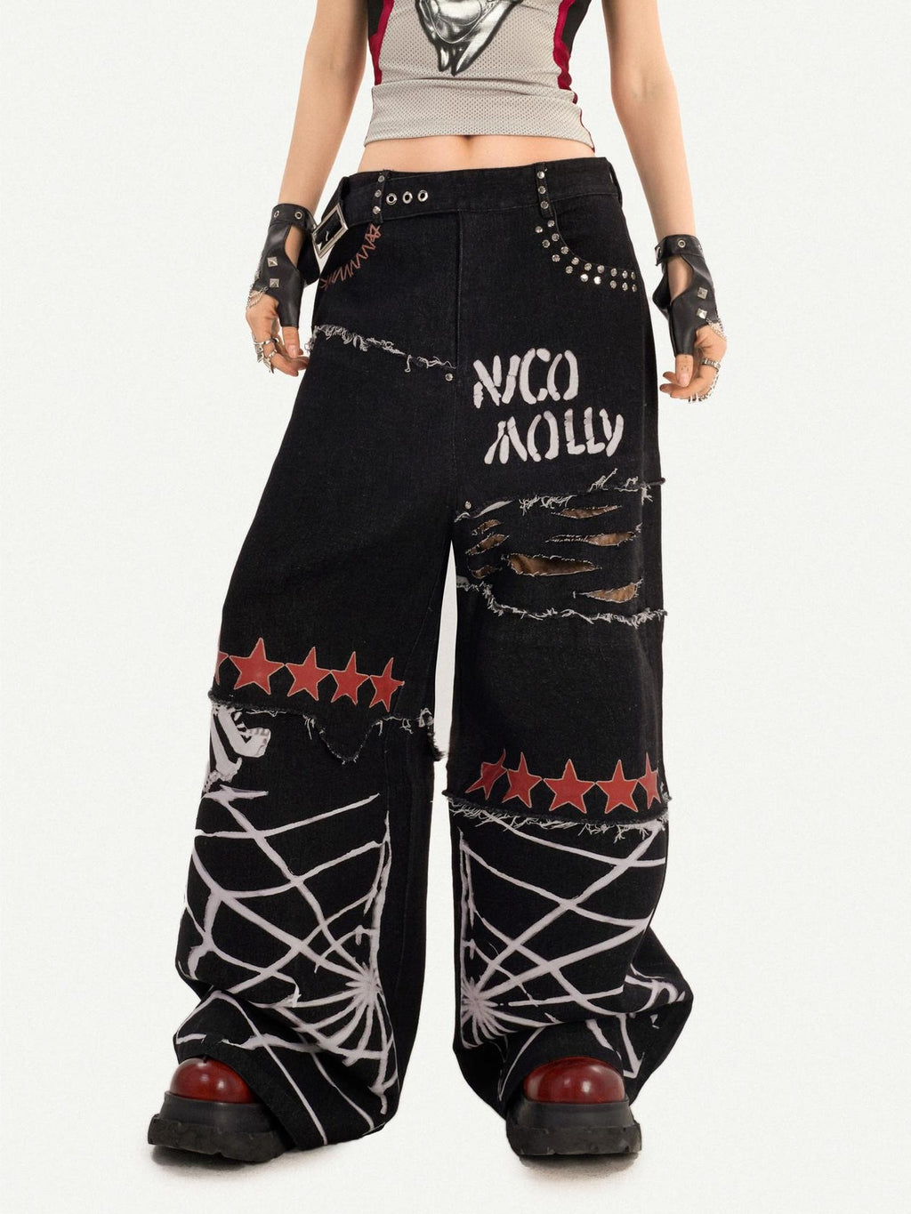 Nico Molly Ripped Natural Waist Relaxed Button Fly Letter Black Women Wide Leg Jeans