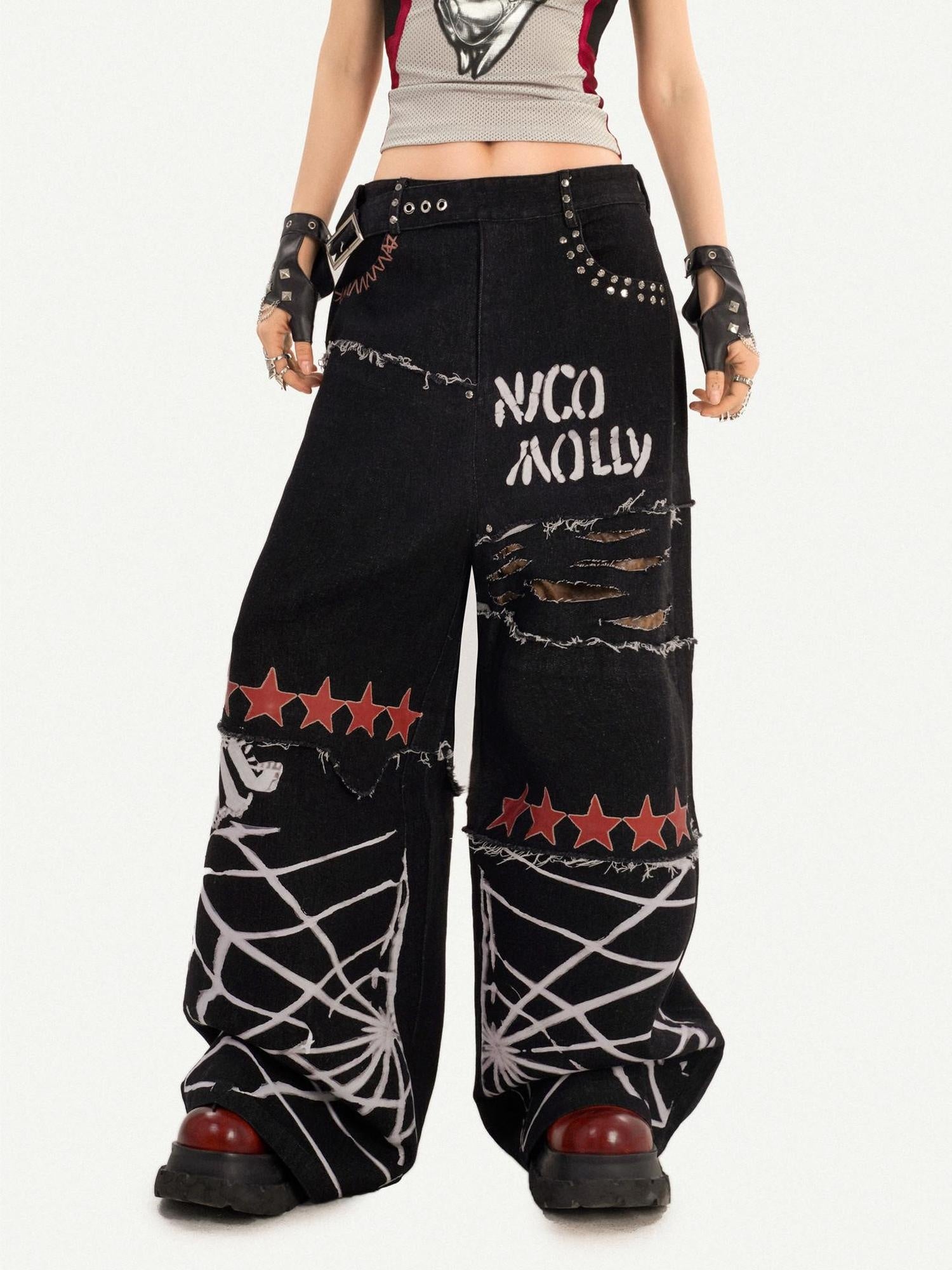 Nico Molly Ripped Natural Waist Relaxed Button Fly Letter Black Women Wide Leg Jeans