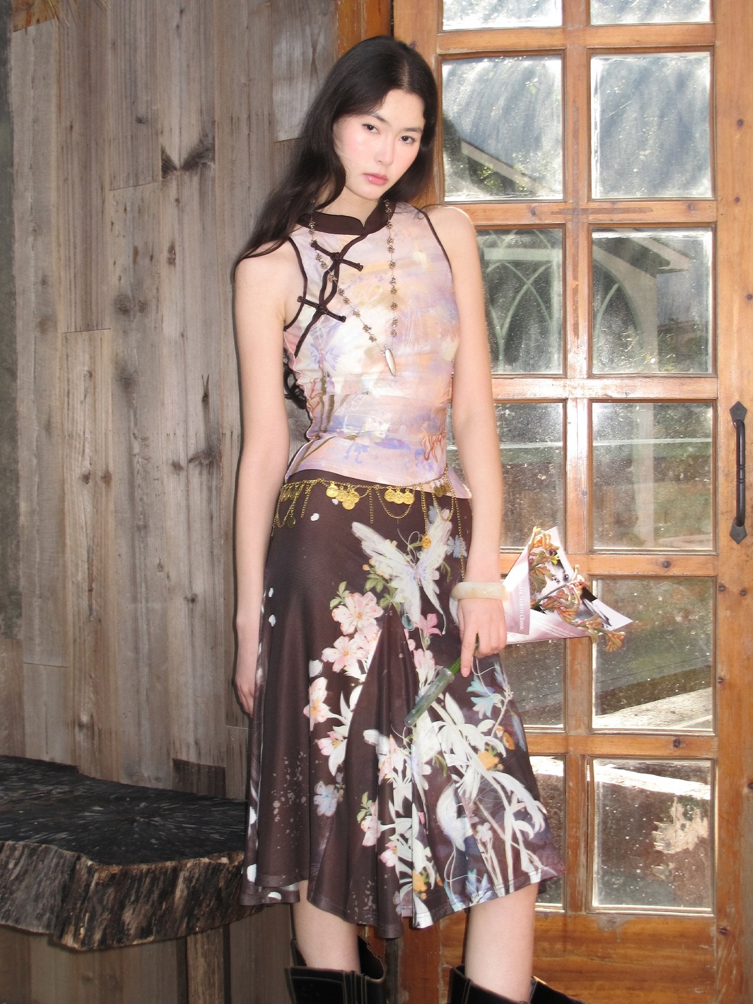 OfAkiva Floral Print Cropped Knit Sleeveless Slim Fit Two Piece Top & Skirt Sets