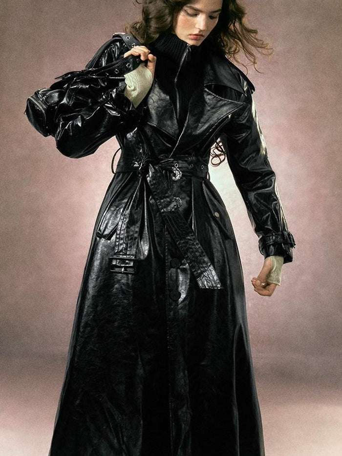 OfAkiva Thick Faux Leather Slim Fit Blazer Collar Pocket Midlength Women Long Coats