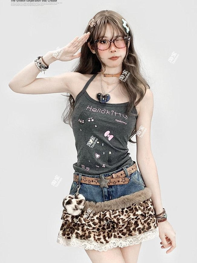 REDDACHIC Leopard Print Patchwork Tiered Cake Women'S Lace Denim Mini Skirts