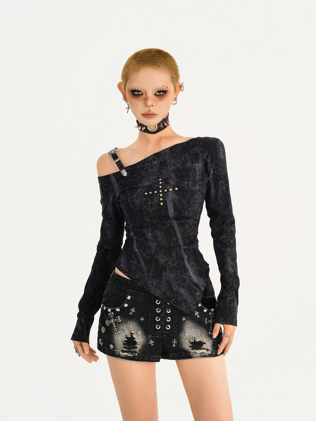 Nico Molly Vintage Wash Slim Fit One Shoulder Street Asymmetric Long Sleeve T-Shirts