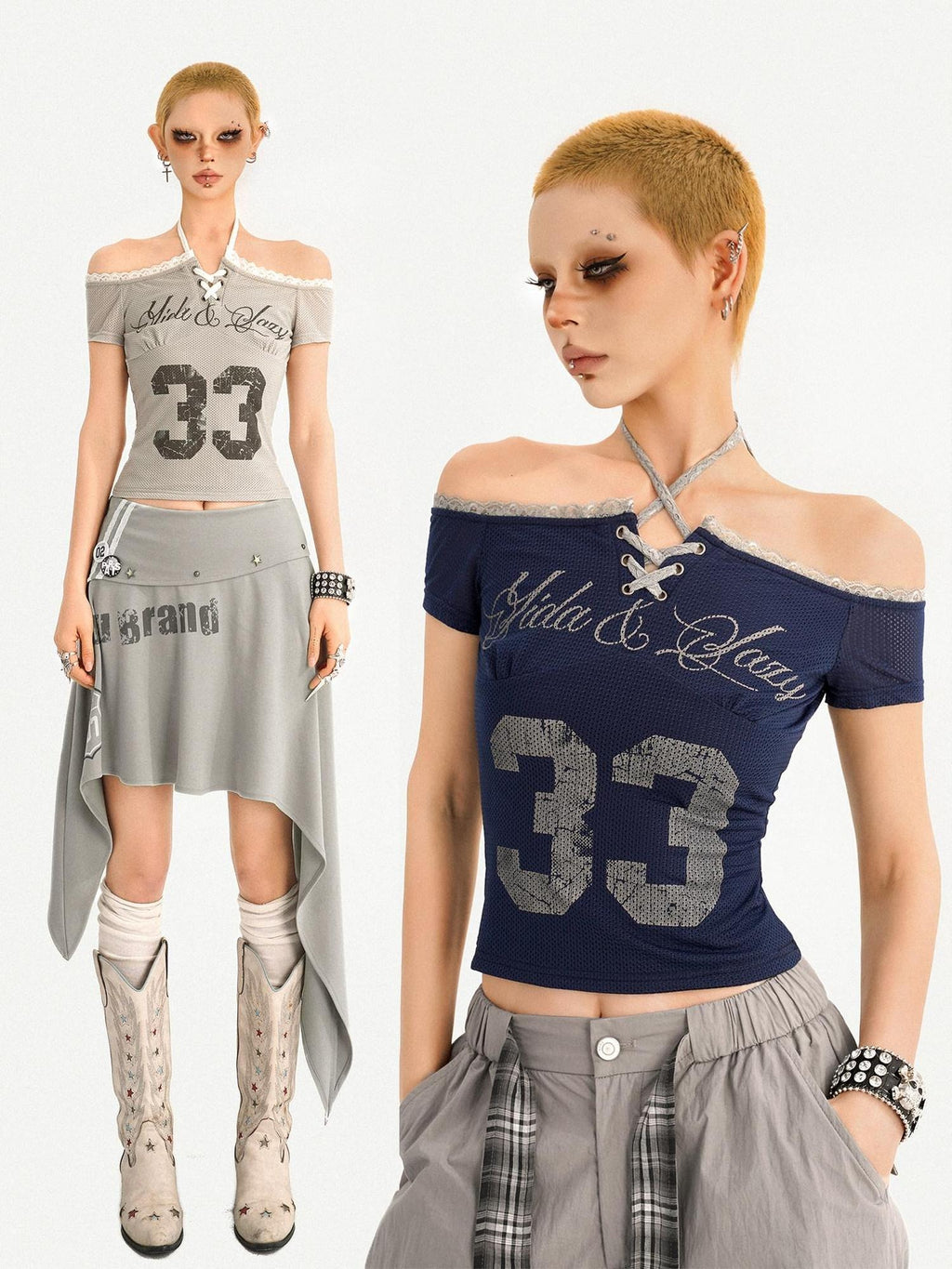 Nico Molly Sexy Slim Tie Front Women Letter Number Print Grey Off Shoulder Crop Tops