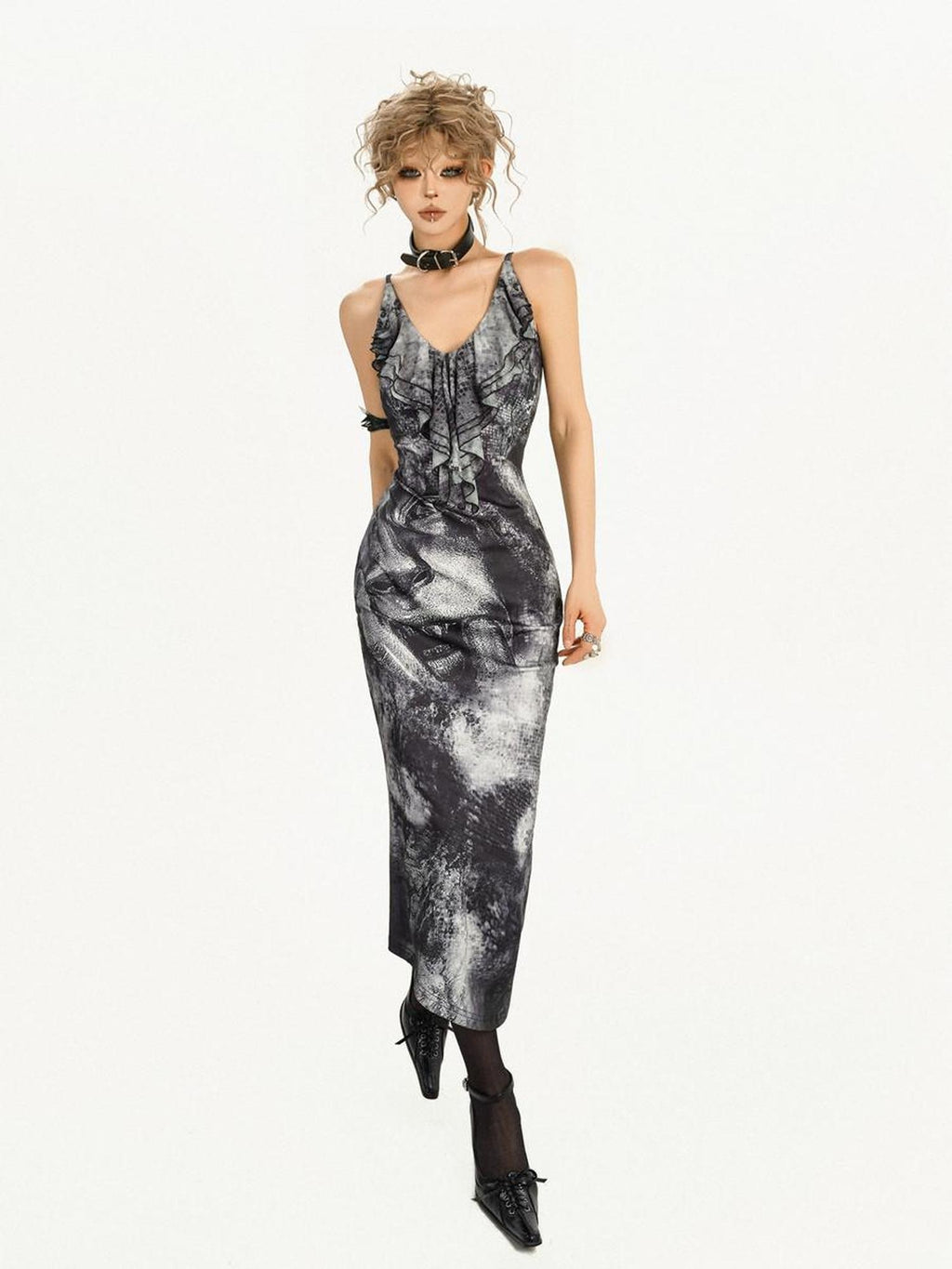 Nico Molly Flattering Chic High Waist V-neck Spaghetti Strap Office Ink Print Midi Dresses