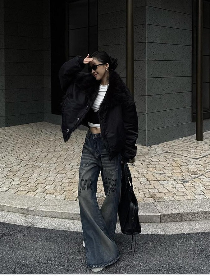 ZERO Thick Fur Collar Vintage Loose Fit Button Women Polyester Puffer Jackets