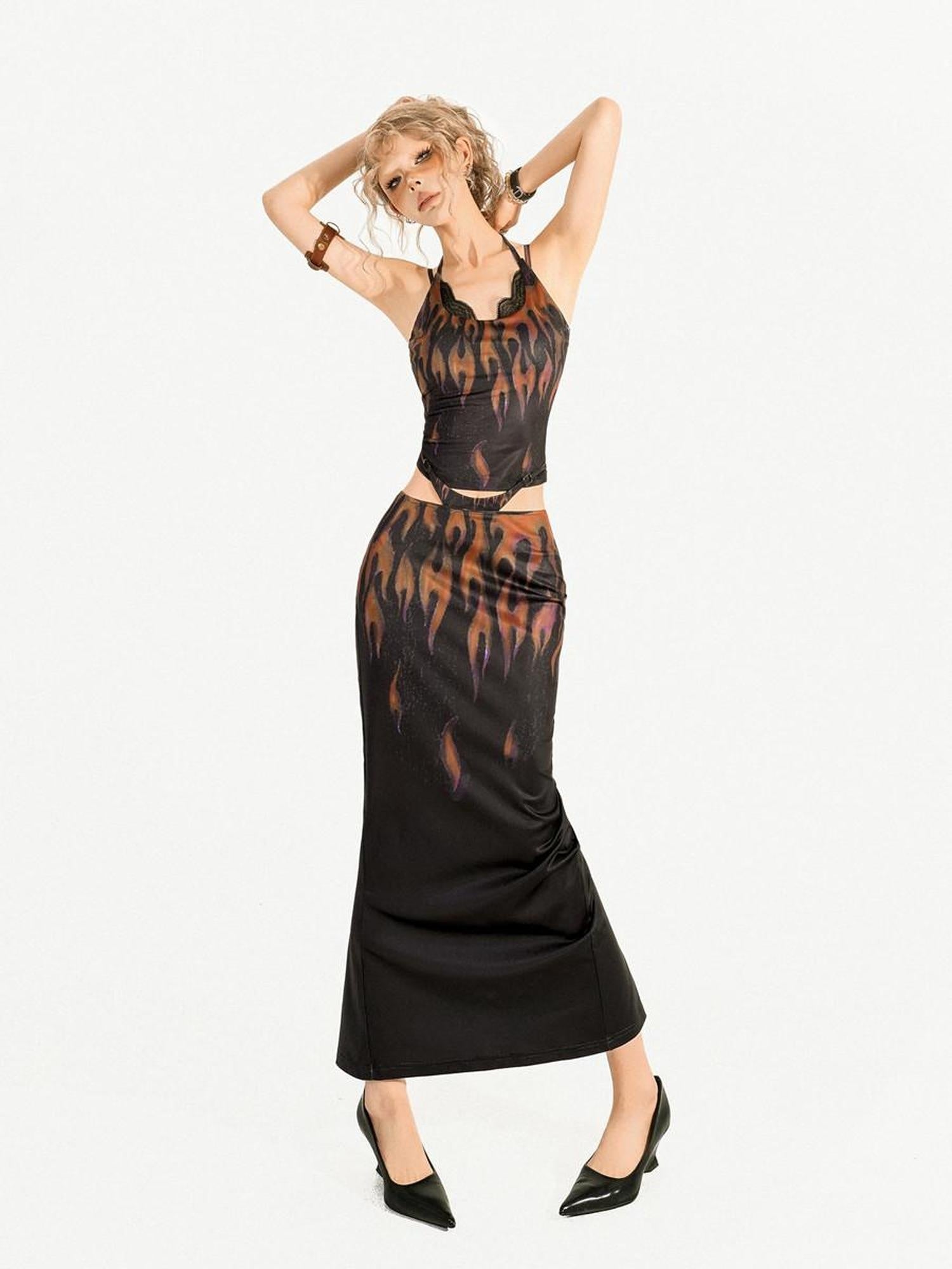 Nico Molly Polyester Pullover Cropped Top High Waist Multicolor Two Piece Top & Skirt Sets