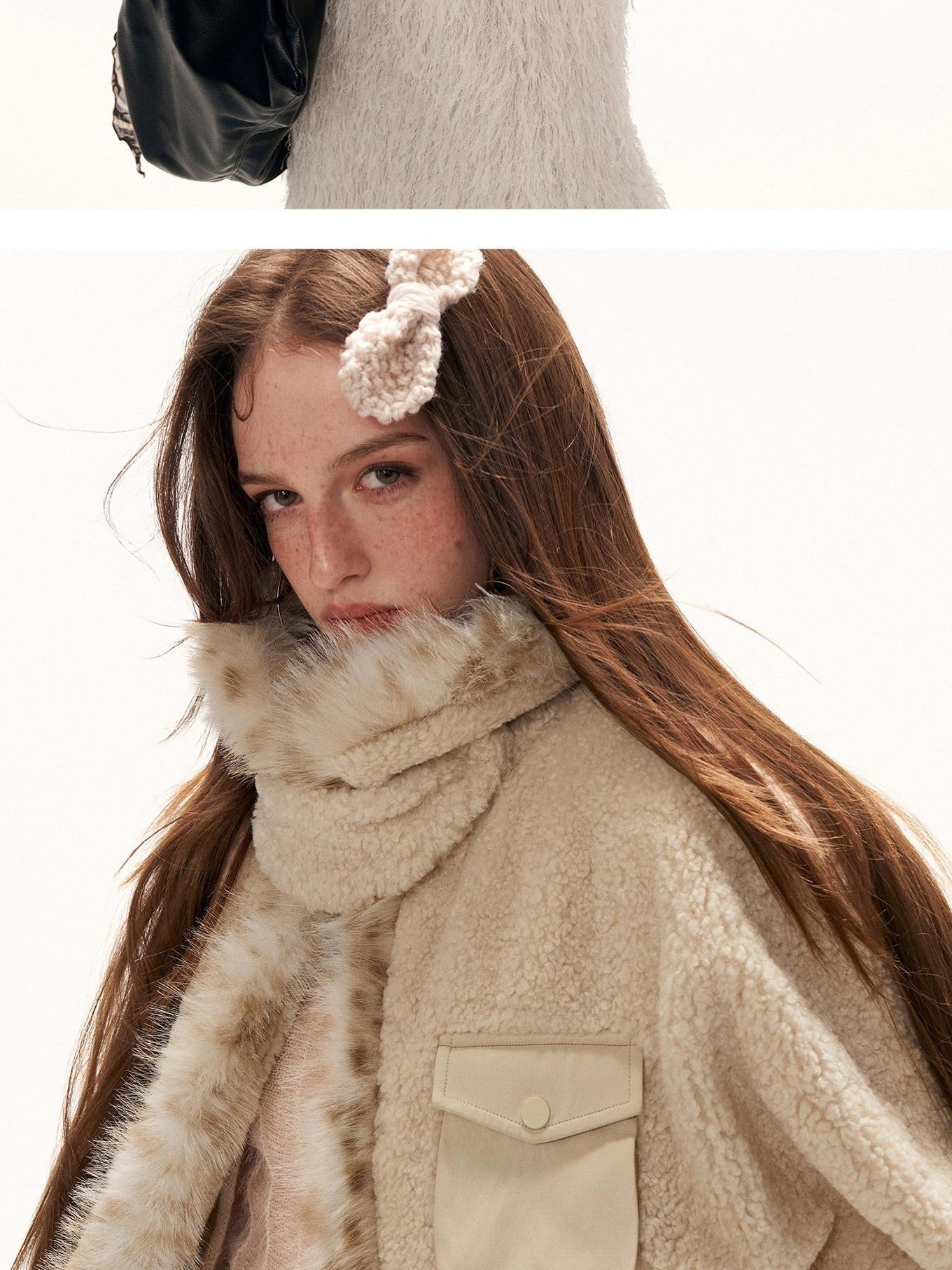 MAMC Soft Oversized Batwing Sleeves Faux Fur Collar Cropped Beige Polyester Jackets