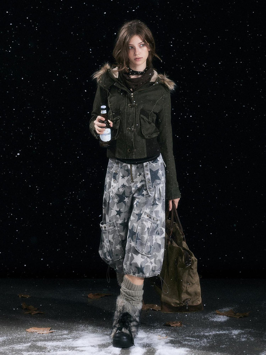 Cest Nous Distressed Grey Camo Cotton Tapered Button Fly Pockets Women Cargopants