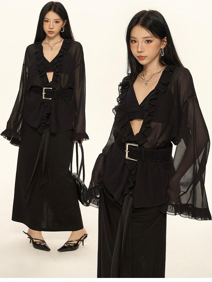ZERO Chiffon Ruffle V-neck Loose Street Sporty Long Sleeve Black Brown Women Blouses