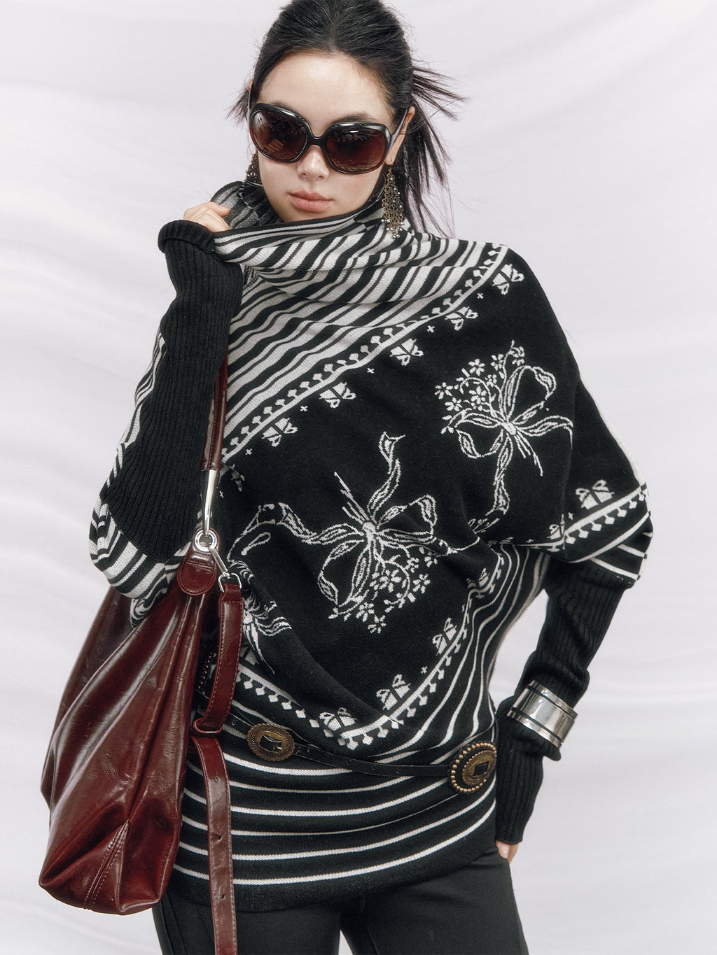OfAkiva Thermal Slim Fit Colorblock Batwing Cowl Neck Women Striped Knit Sweaters