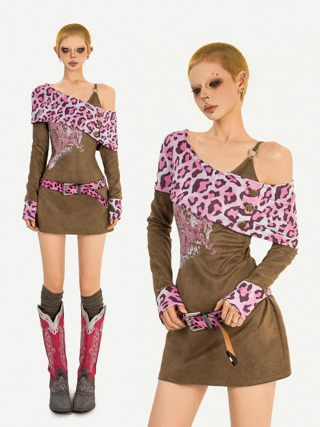 Nico Molly Spliced Faux Two Piece Slim Sexy A Line Long Sleeve Side Zip Women Mini Dresses
