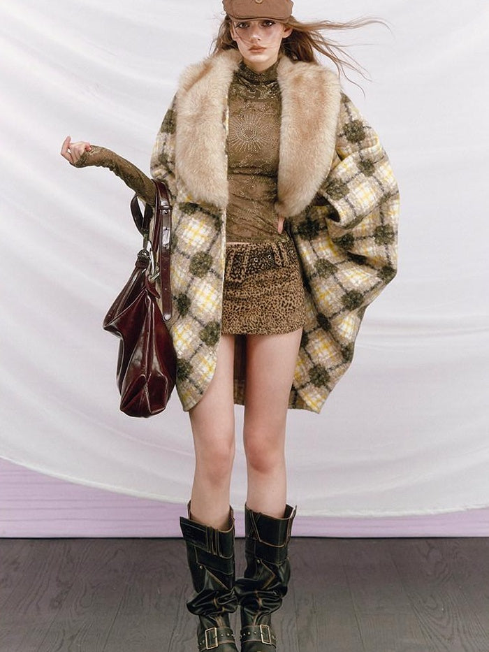 OfAkiva Cozy Thick Vintage Cape Silhouette V-neck Mid Length Plaid Women Jackets