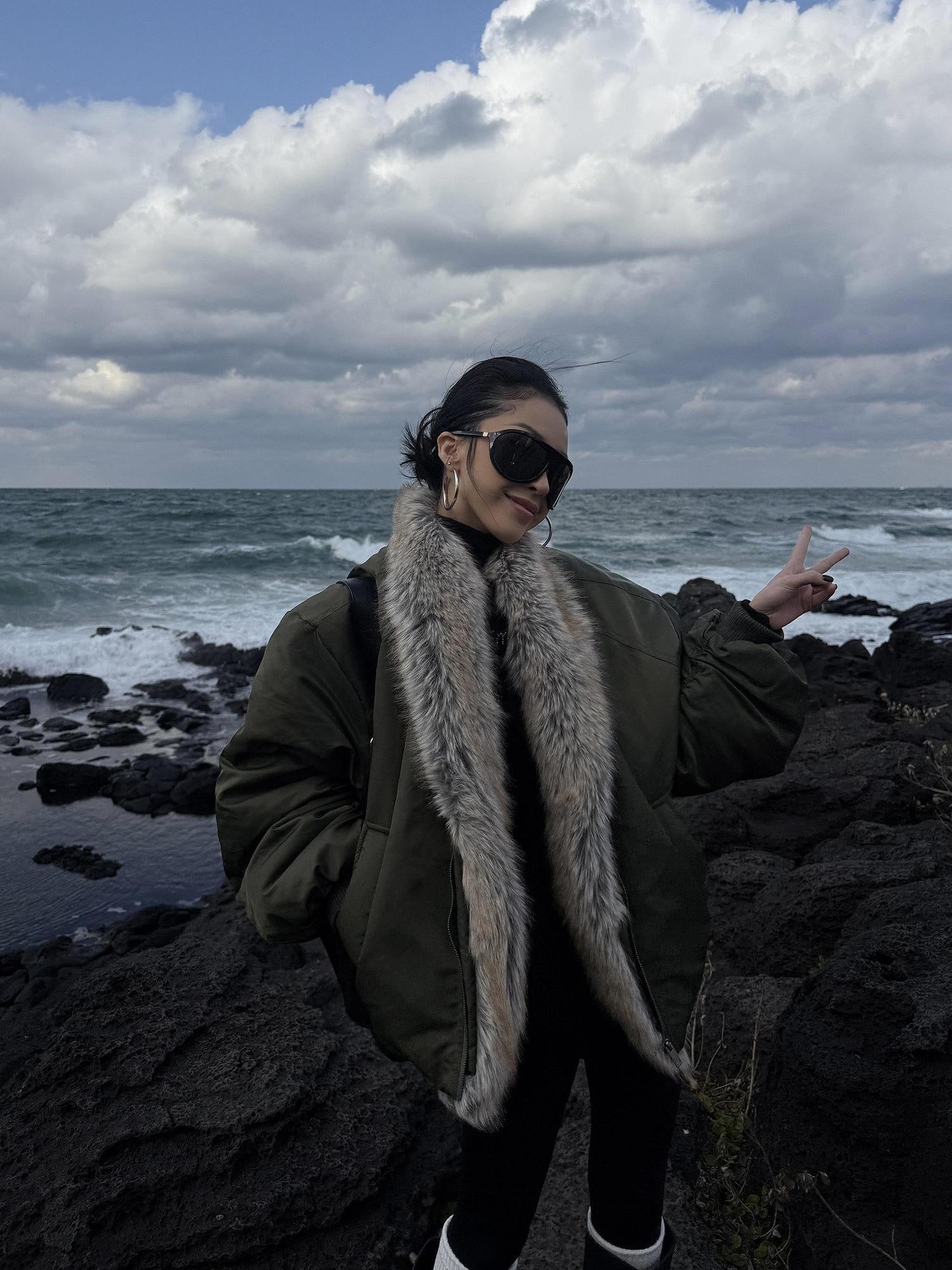 ZERO Warm Casual Oversized Fur Collar Unisex Polyester Woven Puffer Jackets