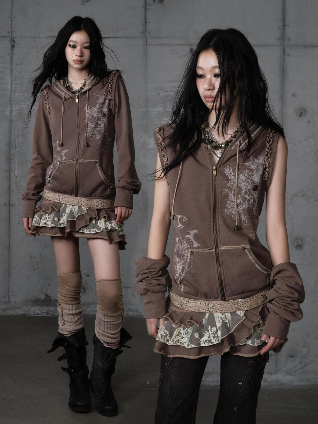 NO ROMANCE Deep Gray Y2K Printed Lace Detachable Hood Sweatshirt Women'S Mini Dresses