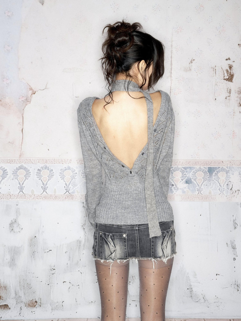 Flowers birds Market Backless V-neck Cotton Knit Slim Fit Cropped Casual Ladies Striped Cardigans