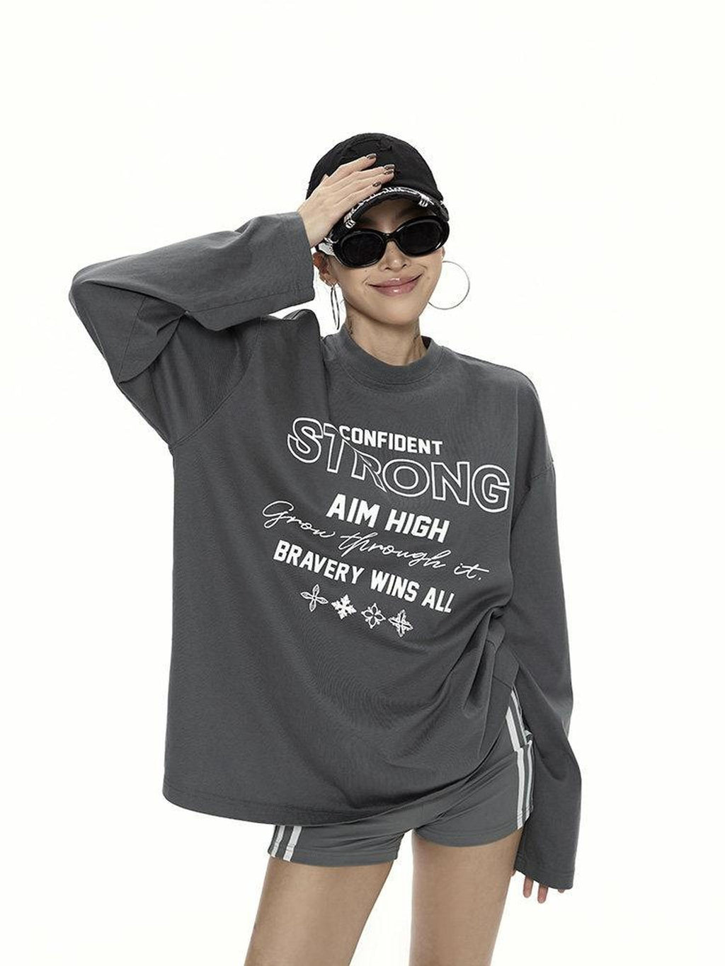 ZERO Printed Cotton Knit Crewneck Loose Fit Casual Unisex Dark Gray Pullover Sweatshirt