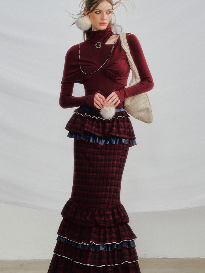 OfAkiva Pleated High Waist A Line Slim Fit City Commuter Women Plaid Maxi Skirts