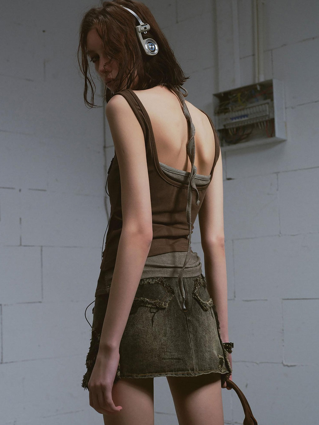 Cest Nous Distressed Print Punk Slim Halter Female Cotton Blend Brown Gray Tanktops