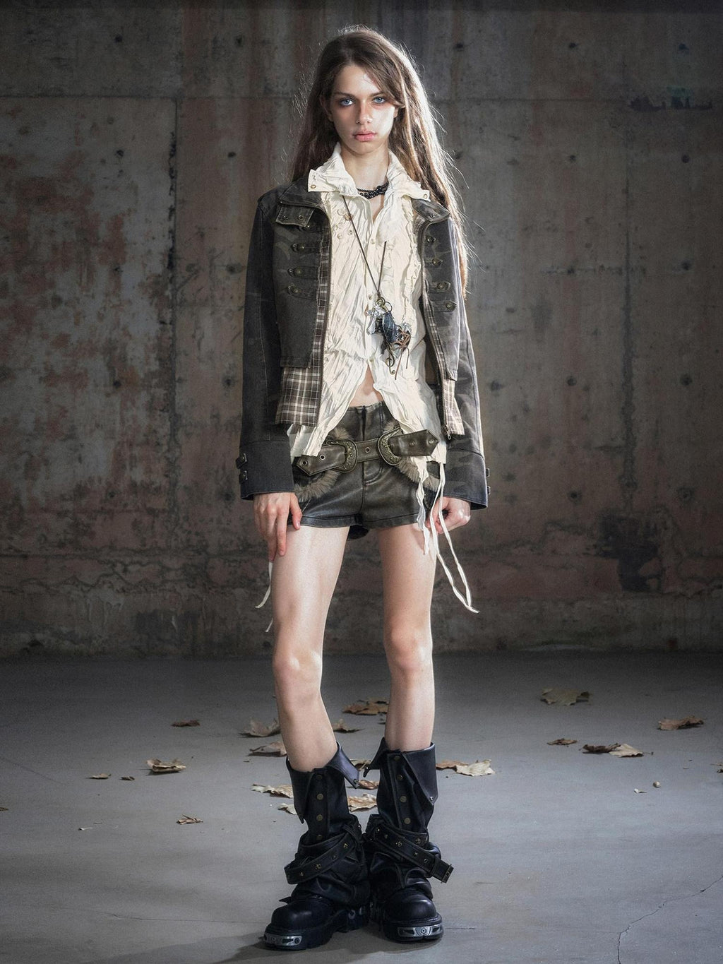 Cest Nous Frayed Punk Stand Collar Camo Cotton Button Long Sleeve Women Croppedjackets