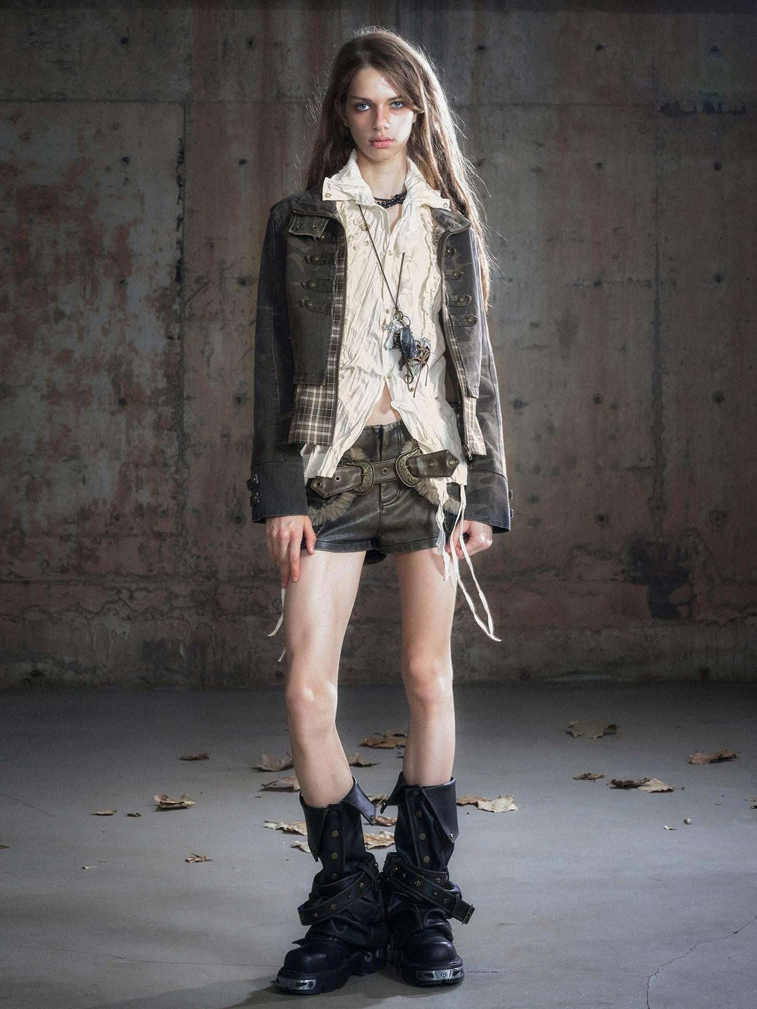 Cest Nous Frayed Punk Stand Collar Camo Cotton Button Long Sleeve Women Croppedjackets