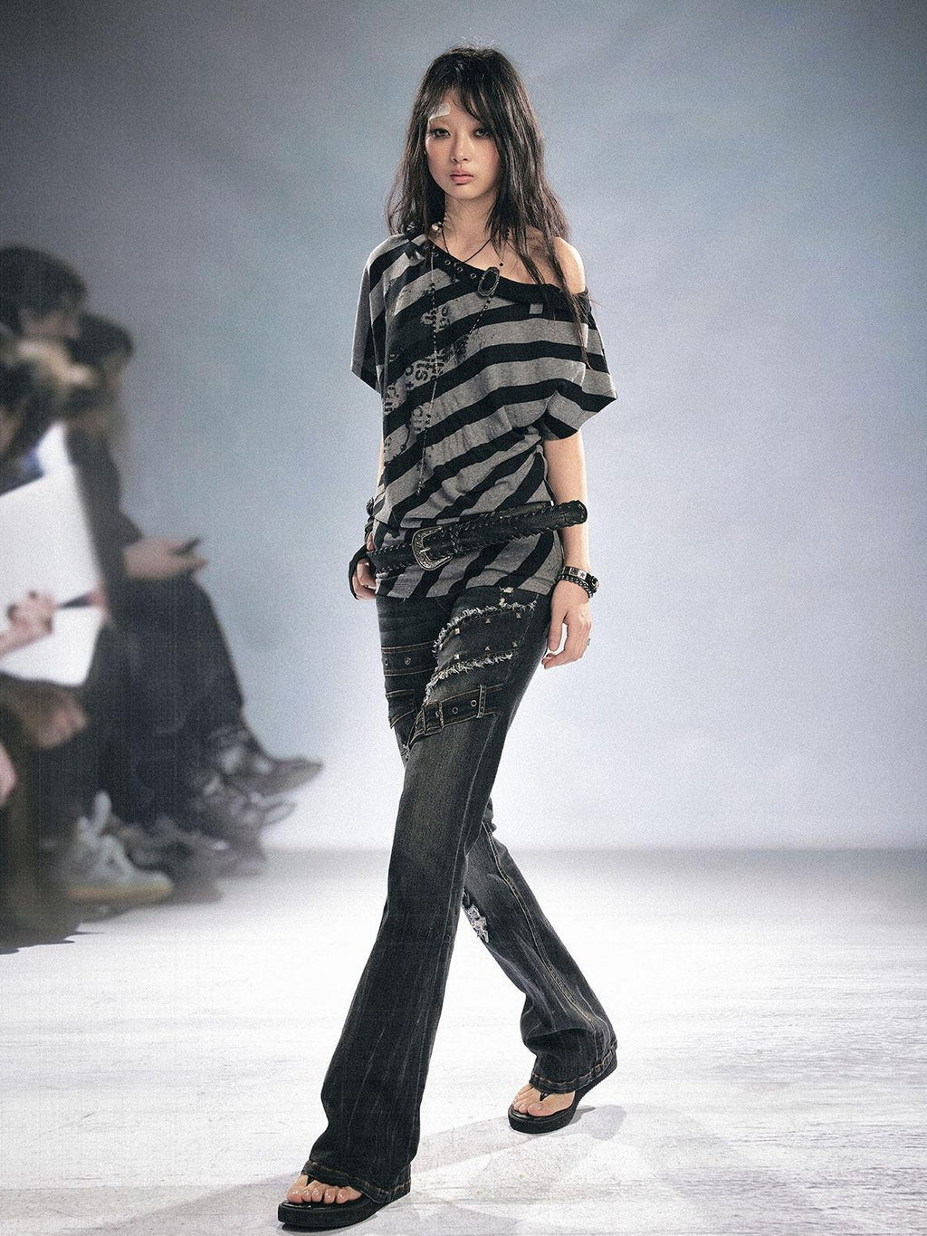 Cest Nous Punk Stripe Batwing Short Sleeve Asymmetric Neck Black Grey Offshouldercroptops