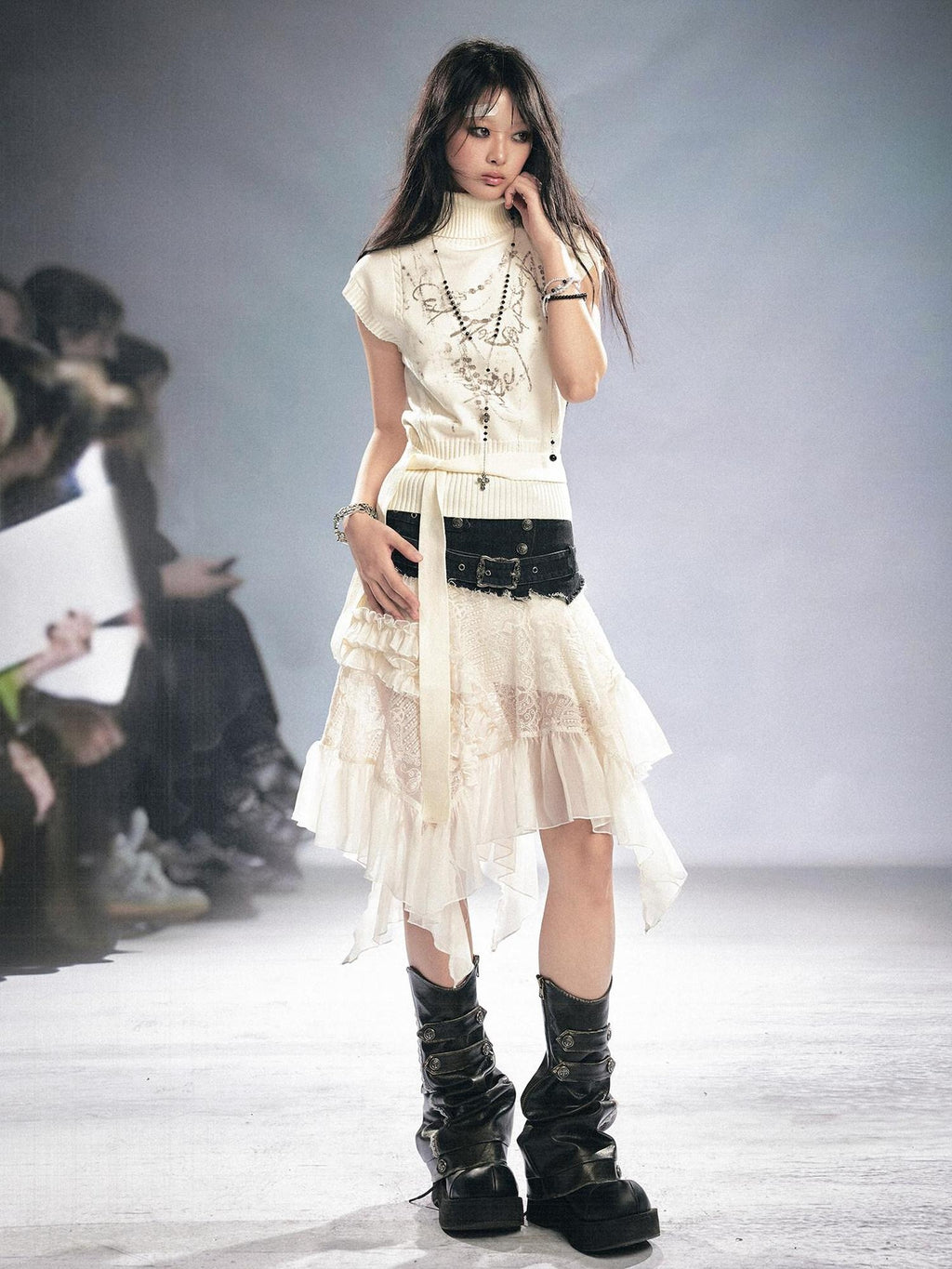Cest Nous Asymmetric Lace Mid Waist Slim Fit Irregular Hem Women Midiskirts