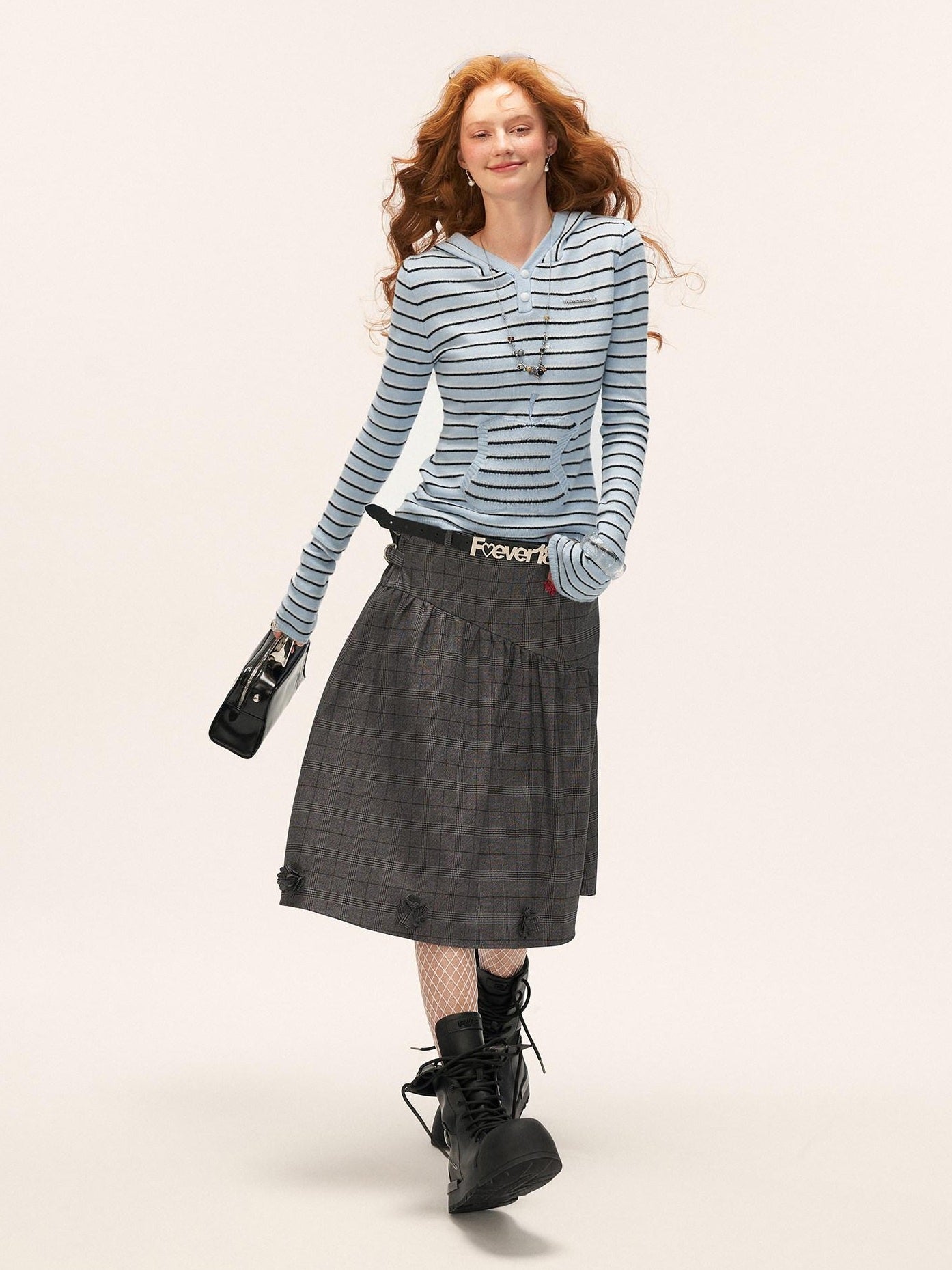 MAMC Sweet Hooded Striped Slim Fit Princess Style Long Sleeve Women Blue Knitwear
