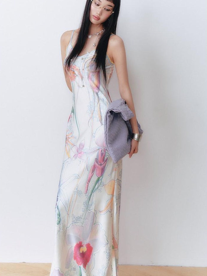 OfAkiva High Waist Southeast Asian Printed Spaghetti Strap A Line Polyester Maxi Dresses