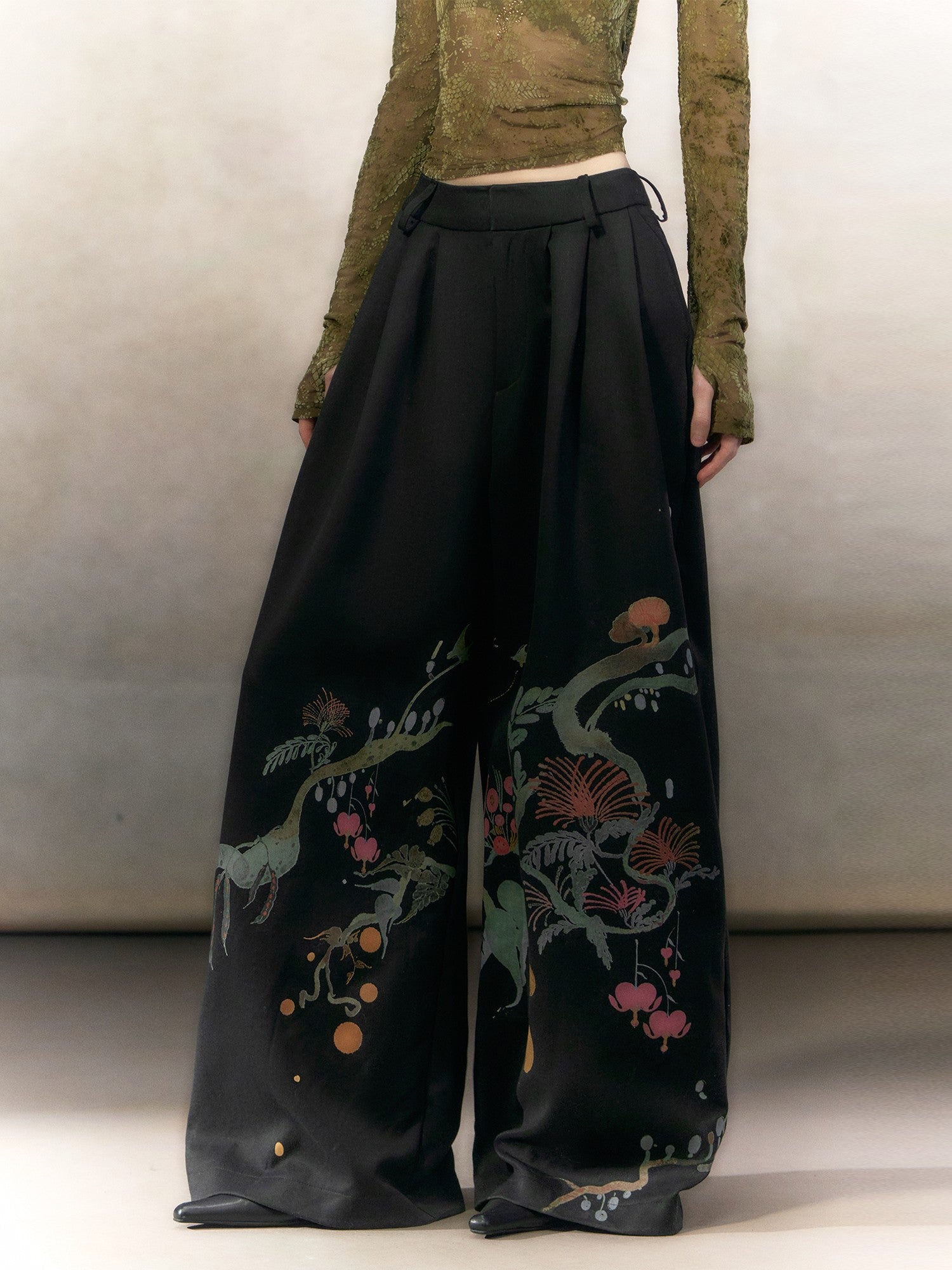 OfAkiva High Waist Floral Print Casual Straight Zipper Fly Women Black Wide Leg Pants