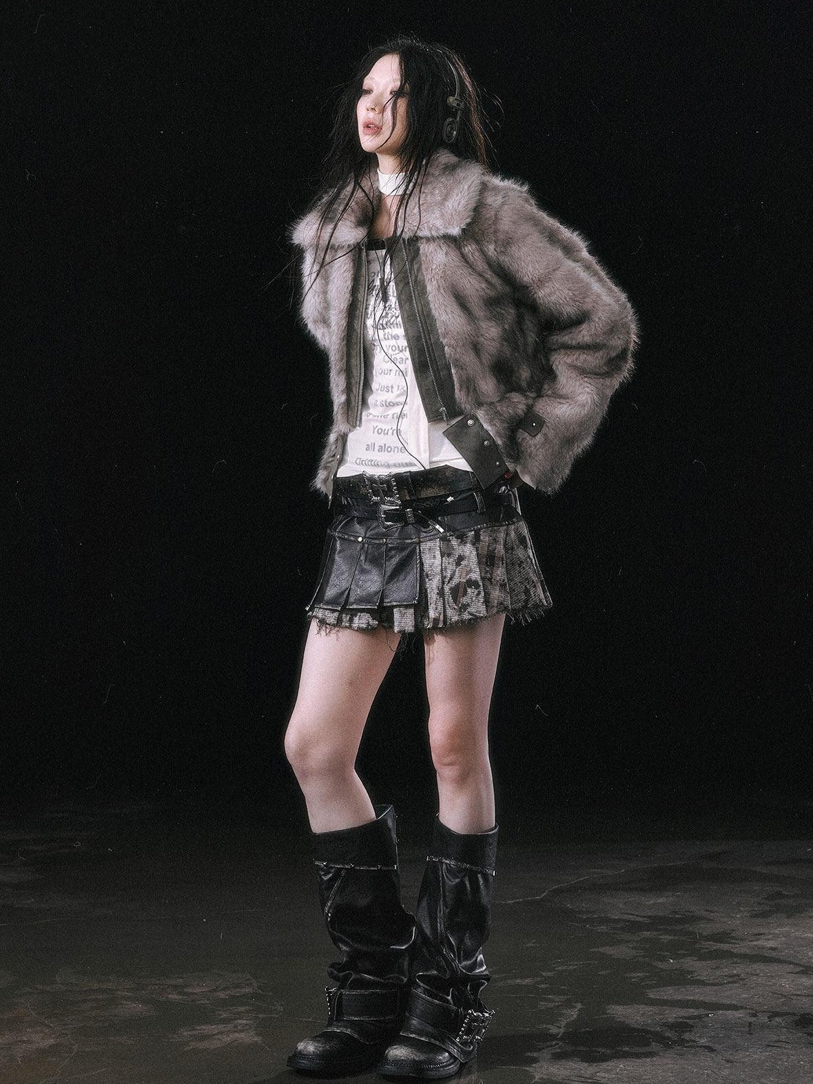 Cest Nous Thick Fur Collar Punk Street Short Fit Young Adults Silver Gray Beige Jackets