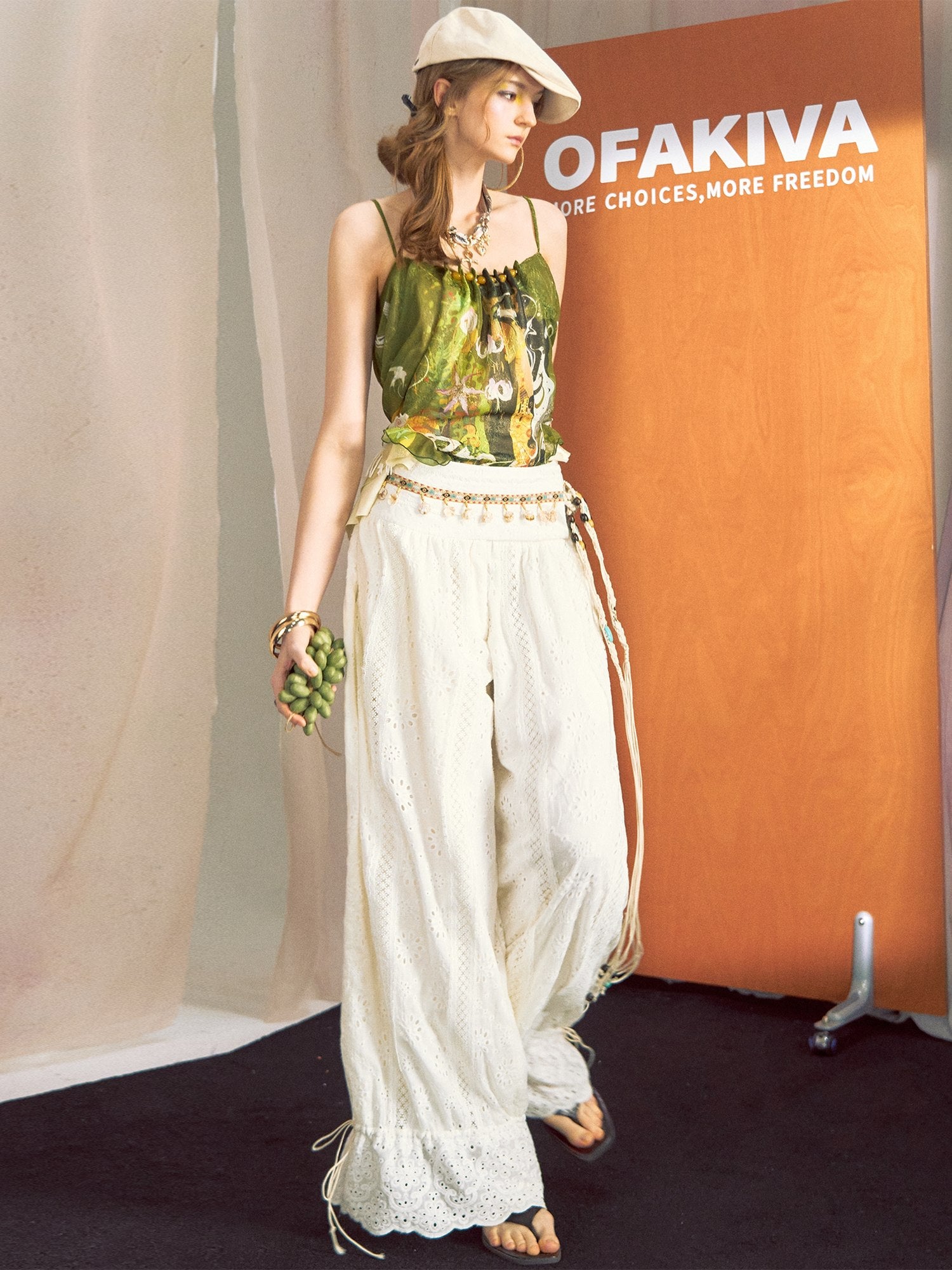 OfAkiva Relaxed Lantern Natural Waist Zip Fly Flared Hem Women Wide Leg Pants