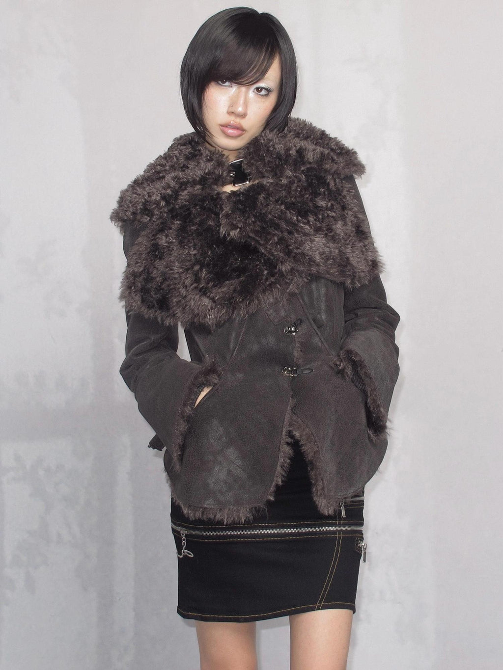 OPEN AESTHETIC Warm Faux Fur Oversized Lapel Collar Women Dark Aesthetic Black Casual Jackets