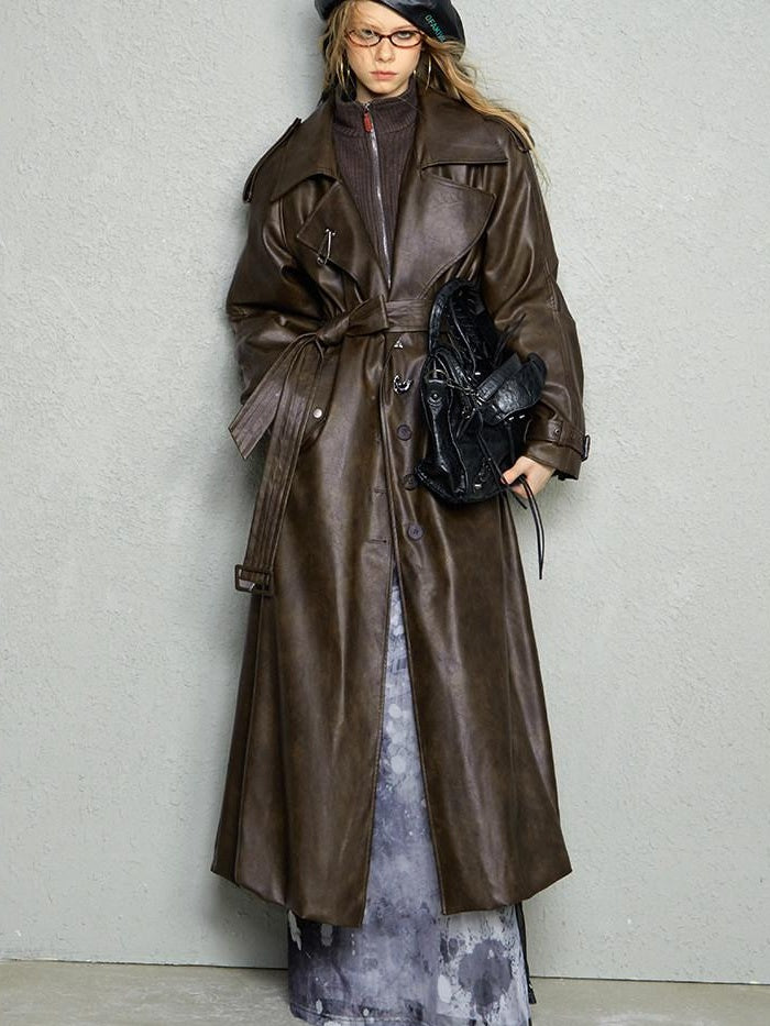 OfAkiva Thick Faux Leather Slim Fit Blazer Collar Pocket Midlength Women Long Coats