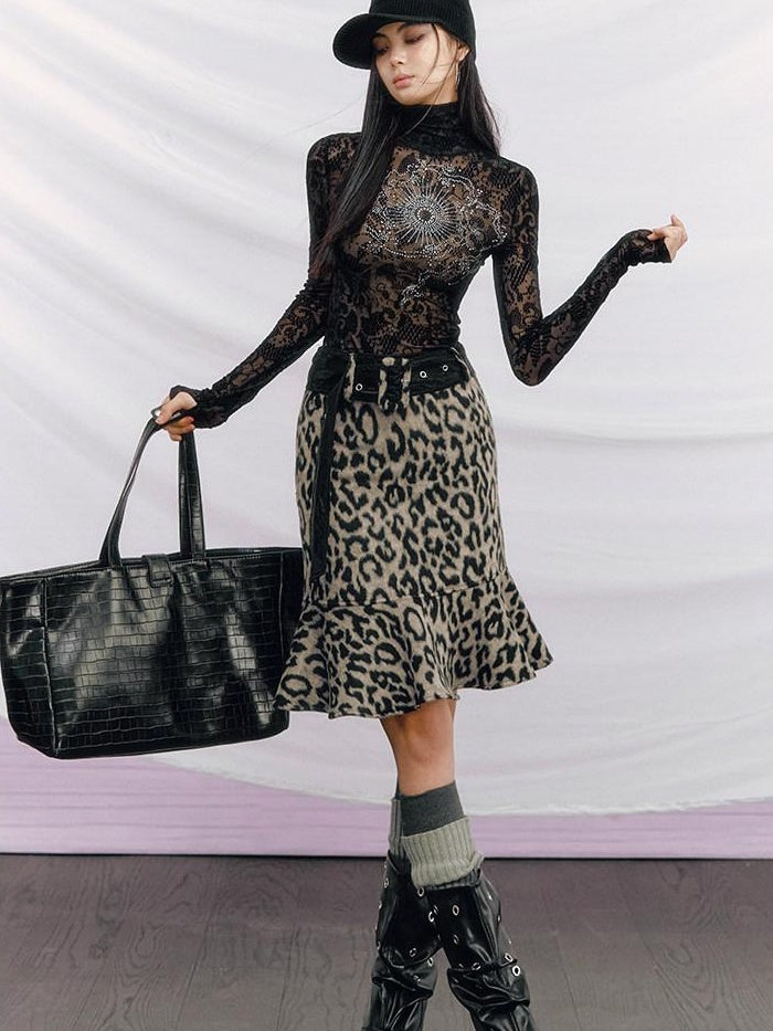OfAkiva High Waisted Slim A Line Patchwork Belted Casual Women Leopard Print Midi Skirts