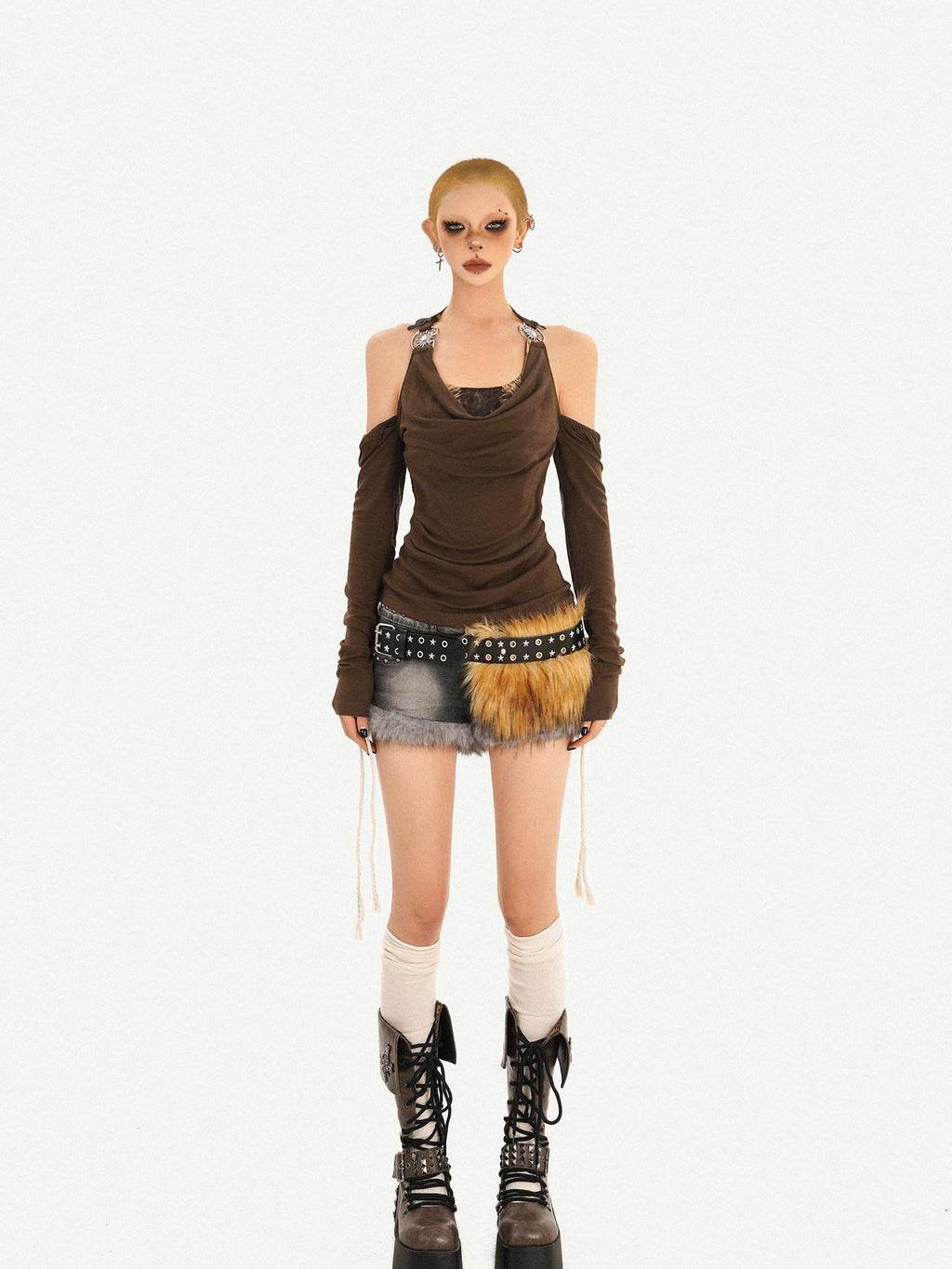 Nico Molly Sexy Backless Bardot Flared Sleeve Coffee Brown Leather Long Sleeve T-Shirts