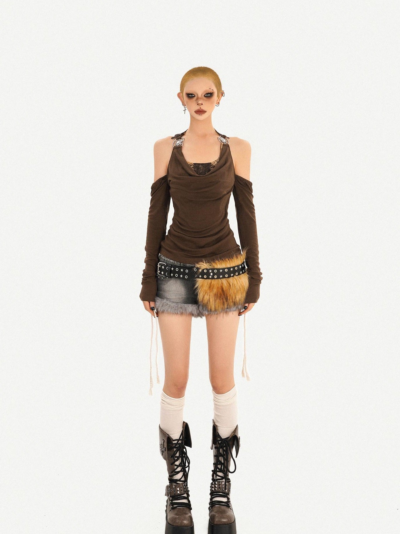 Nico Molly Sexy Backless Bardot Flared Sleeve Coffee Brown Leather Long Sleeve T-Shirts