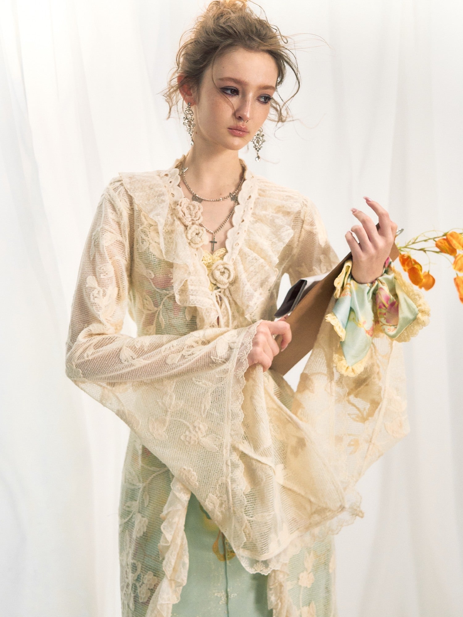 OfAkiva Breathable Lace Floral Tie Waist Slim Long Sleeve Casual Spliced Women Cardigans