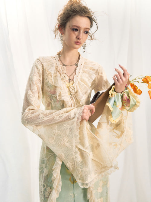 OfAkiva Breathable Lace Floral Tie Waist Slim Long Sleeve Casual Spliced Women Cardigans