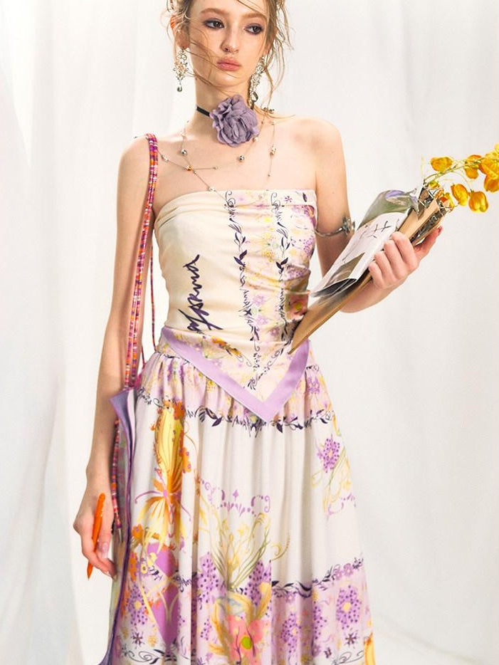 OfAkiva Floral Sleeveless Slim Two Piece With Square Scarf Women Top & Skirt Sets
