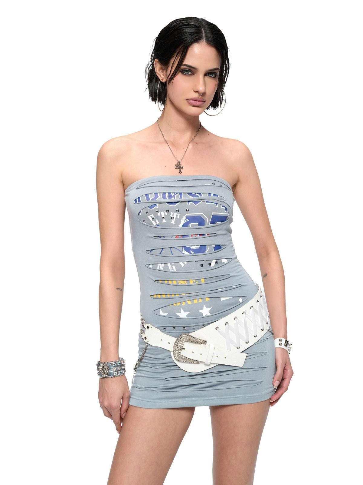 JYOSEI Cotton Stretch Strapless Patchwork Cinched Waist Casual Mini Dresses